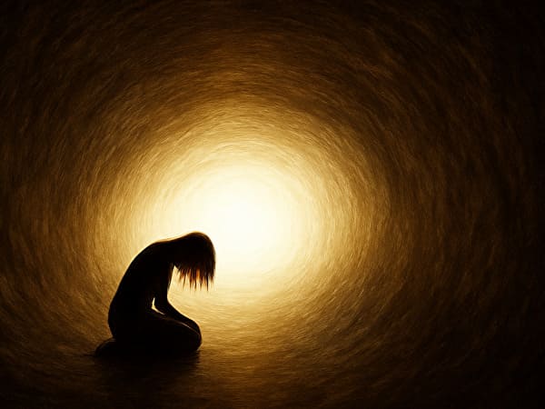 遠くには光があるものの暗闇の中でうなだれる人のシルエットの画像。