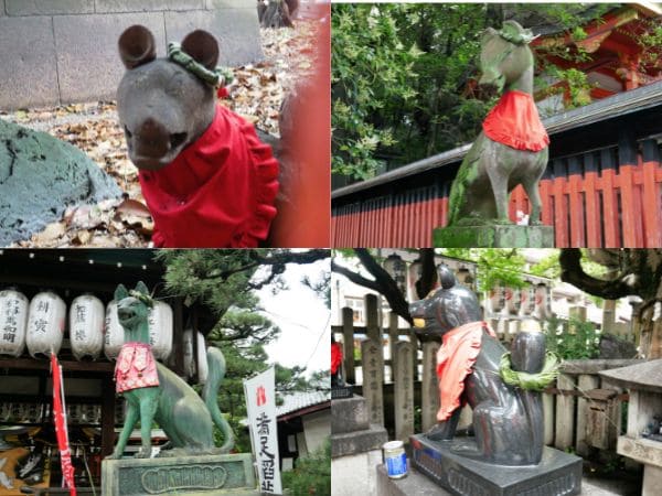 京都・東山にある満足稲荷神社の狛狐（耳や尻尾に茅の輪）